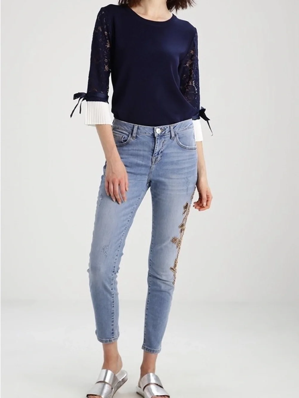 Molly Bracken Navy Crewneck Sweater with Lace Sleeves and Bow Ties Size M / L